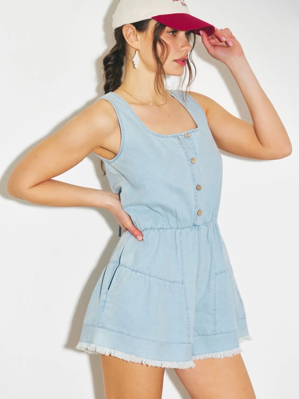 Light Wash Denim Romper Sleeveless Tie Back Frayed Hem Relaxed Fit NWT